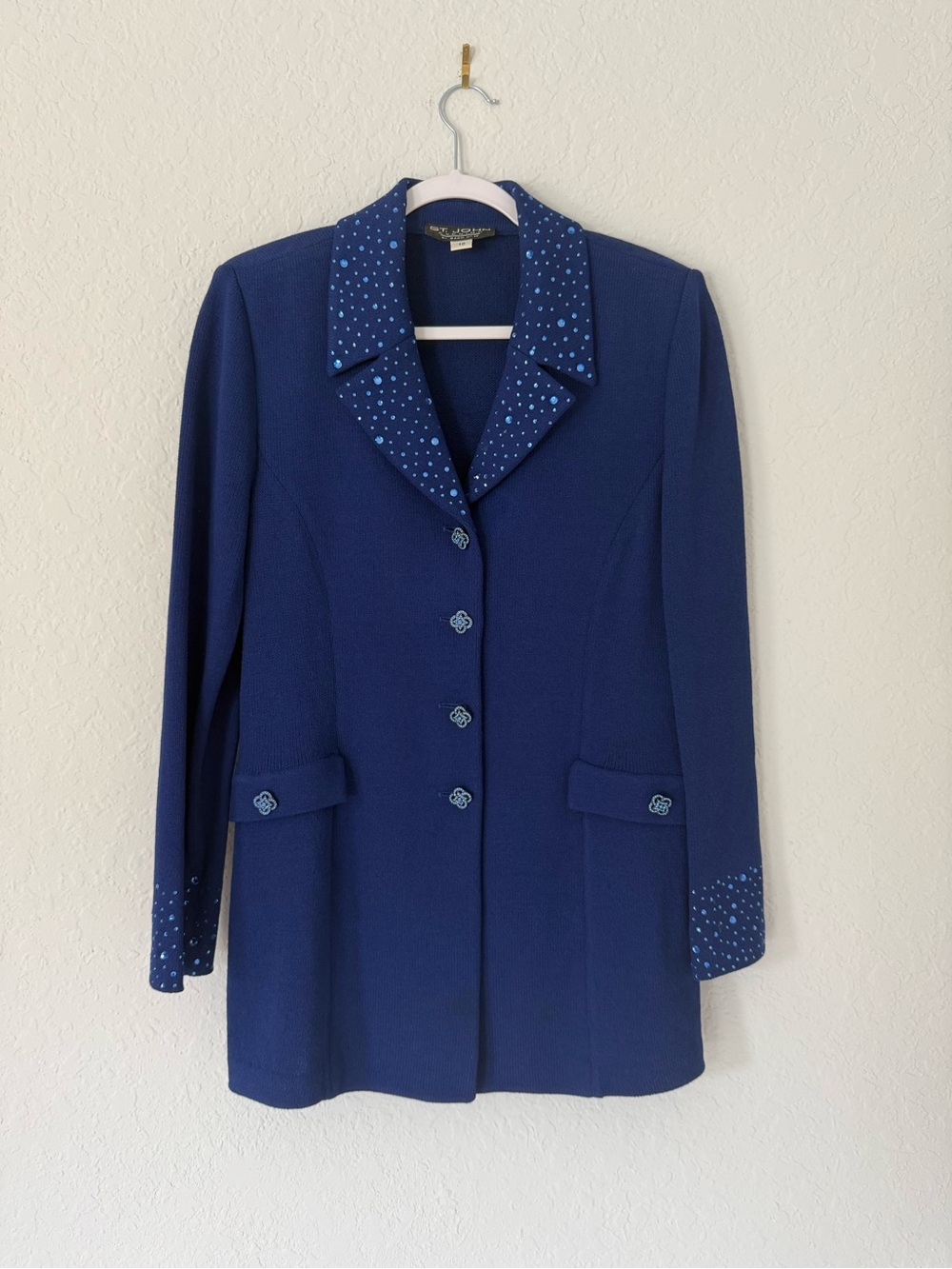 ST JOHN EVENING BLUE CRYSTAL LONG BLAZER JACKET SZ 10